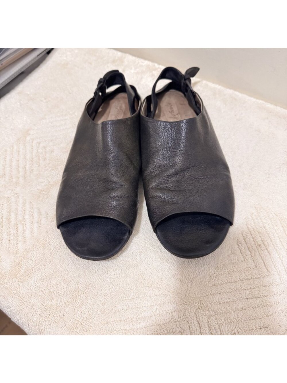 Marsèll Women Black Leather Slingback Flat Sandals Peep Toe Buckle Italy 10.5 - Picture 2 of 11